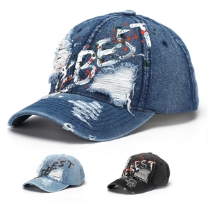 Distressed Denim Baseball Cap Ripped Cotton Hat Retro Streetwear Paint Splatter Letter Print Adjustable Sun Hat