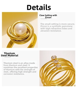 Detailed view of 18k gold plated titanium steel pearl ring and zircon prong setting details