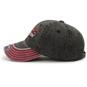 Vintage washed baseball cap in charcoal grey and red with vintage embroidery detail