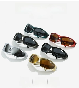 Collection of sporty Y2K sunglasses in various colors including green, red and silver