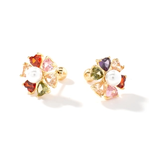 Exquisite flower stud earrings with colorful zircon petals and pearl center in gold finish