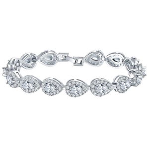 Detail of pear-cut zircon halo links on a silver tennis bracelet with folding clasp