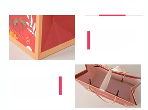 Detail of red floral gift bag with waterproof PVC material and reinforced base card