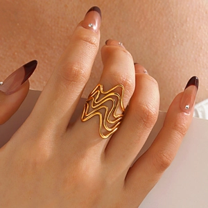 Irregular wave pattern 18K gold plated adjustable stainless steel ring for women