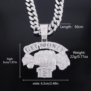 Detail of silver GET MONEY pendant with size specs: 50cm chain, 6.3cm width, iced out stones