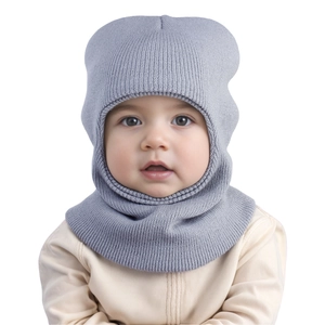 Detail of grey knitted baby balaclava hat with integrated neck warmer for cold weather