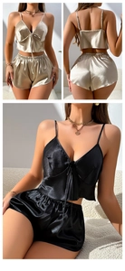 Detail of silk satin camisole set with V-neck lace-up top and elastic waist shorts