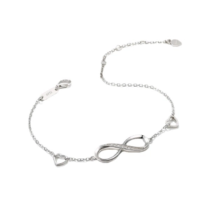 Bracciale infinito e cuore in argento 925 con zirconi scintillanti su fondo bianco