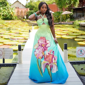 Women Halter Maxi Dress Gradient Floral Print Hollow Out Sleeveless A-Line Vacation Beach Long Dress Knit Fabric