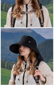 Detail of wide brim sun hat with neck protection and breathable fabric for hiking