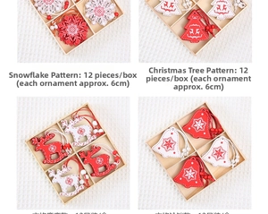 Macro view of 12-piece wooden Christmas ornaments including reindeer and snowflake patterns