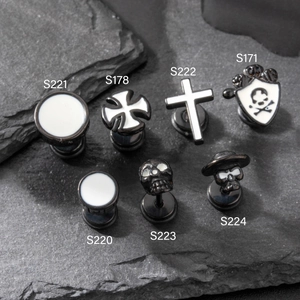 Collection of men black stainless steel stud earrings with gothic skull and cross designs
