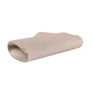 Detailed view of champagne gold sequined evening clutch bag with scalloped flap design