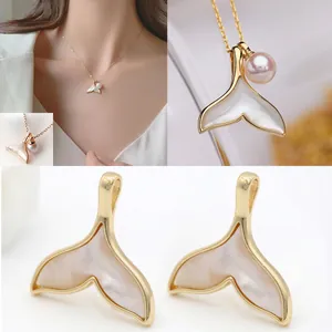 Whale Tail Pendant Charm For Jewelry Making Copper 14K Gold Plated Inlaid White Mother Of Artificial Pearl Shell And Faux Artificial Pearl