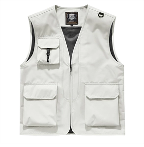 Detail of multi-pocket outdoor vest showing breathable mesh lining and V-neckline