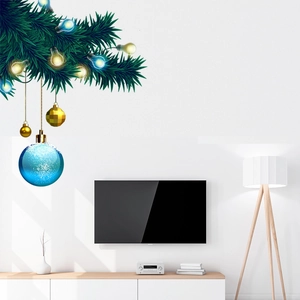 Christmas Wall Sticker PVC Pine Branch Colorful Light Gold Blue Ball Festive Decor Living Room Window Removable Mural