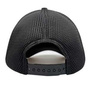 Breathable black full mesh snapback cap with adjustable strap and hexagonal weave