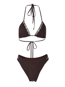 Deep brown two-piece bikini set with halter top and bohemian shell buckle decorations