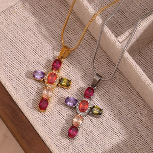 Bohemian 18K gold and silver stainless steel cross necklaces with colorful zircons