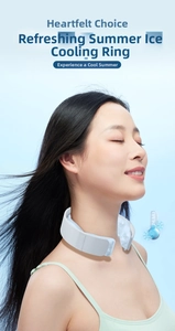 Ergonomic white neck cooling ring worn by a model for heat relief on a blue background