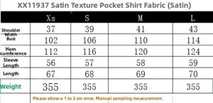 Detailed size chart for satin texture long sleeve pocket shirt including measurements