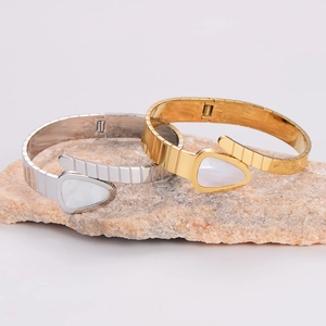 Snake shaped stainless steel open bracelets in gold and silver with shell head inlay