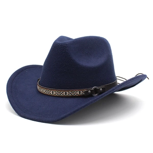 Classic dark blue wool felt cowboy hat with wide brim and ethnic woven decorative band