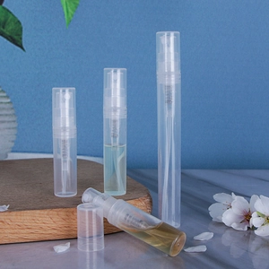 Clear plastic perfume atomizers in various sizes for travel and sampling liquids