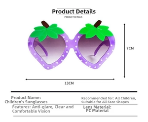 Detailed dimensions of strawberry shaped kids sunglasses with UV protection PC lenses