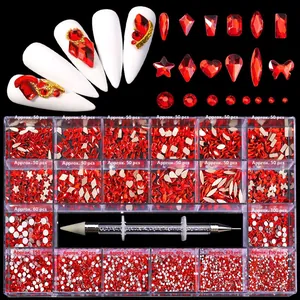 21-grid red nail art rhinestone set with heart shapes and dual-ended wax picker tool