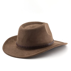 Close-up of brown suede cowboy hat featuring an embossed leather band with floral patterns