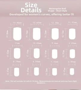 Detailed size chart for pink cat eye press-on nails showing 12 sizes of square nail tips