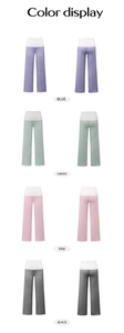 Detailed color selection showing striped wide leg pants in blue, green, pink, and black
