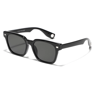 Square black oversized sunglasses with metal decorative bars and hollow ring detail