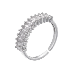 Detailed view of silver open ring with T-square cut gemstones and polished metallic finish