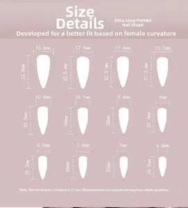 Size chart for 24 extra long stiletto nails showing twelve varied measurements in millimeters