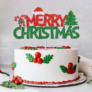 Christmas Birthday Cake Toppers Glitter Paper Merry Christmas Lettering Festive Red Green Dessert Party Decoration
