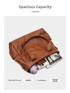 Internal view of brown faux leather tote bag showing spacious capacity and daily items
