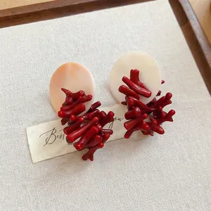 New Chinese-style round shell resin irregular branch earrings in vibrant coral red