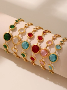 Detailed display of colorful Czech glass bracelets with 18K gold plated stainless steel