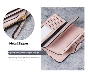 Pink long wallet detail showing multiple card slots and premium golden metal zipper
