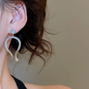 Close-up of silver snake-shaped earrings with cubic zirconia stones on model