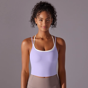 Brassière de yoga lilas sans couture avec doubles bretelles croisées et tissu technique