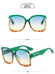 Detail view of square green and tortoiseshell frame sunglasses with gradient lenses
