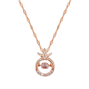 Rose gold dancing stone necklace with sparkling crystal bow and hollow circle pendant