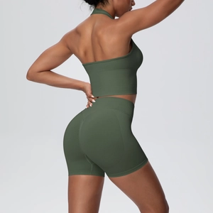 Rear view of olive green halter sports bra and high-waisted seamless yoga shorts