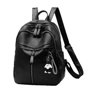 Minimalist black PU leather backpack for women with multi-zipper and cute bear charm