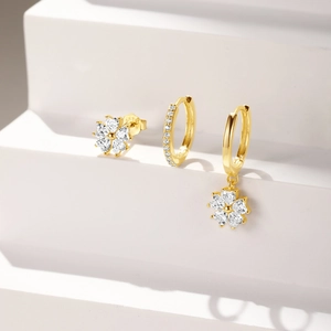 Detail of S925 silver gold-plated flower studs and heart zircon hoop earring set