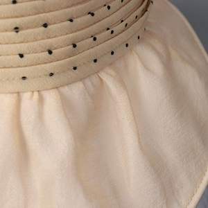 Macro shot of organza sun hat with black polka dots and fine stitching details