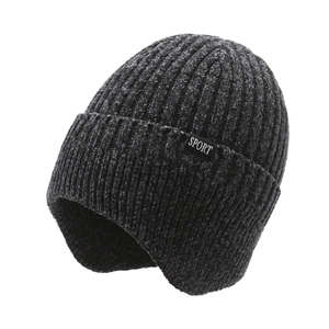 Men's winter knit earflap beanie in dark grey chenille fabric with SPORT label